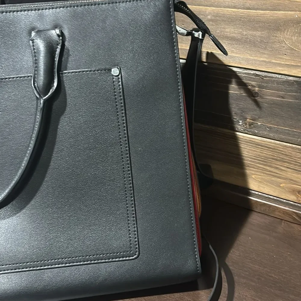 Claci Black Leather Accordion Color Side Tote Business Briefcase Bag
